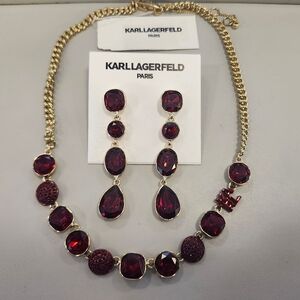 NWT Karl Lagerfeld Gold-Tone Red Stone Necklace & Earrings Set